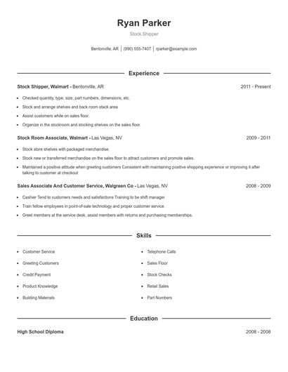 Stock Shipper Resume