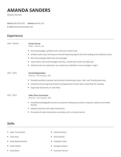 Stock Sorter Resume