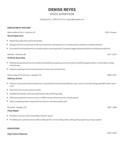 Stock Supervisor Resume