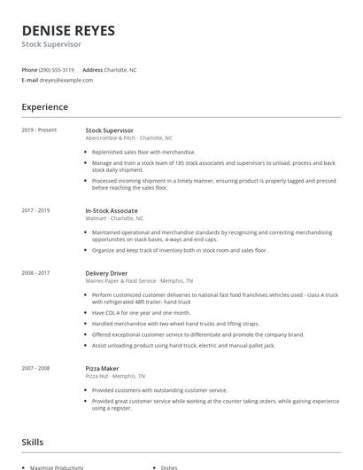 Stock Supervisor Resume