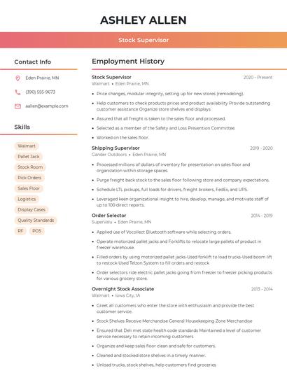 Stock Supervisor Resume