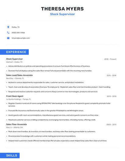 Stock Supervisor Resume