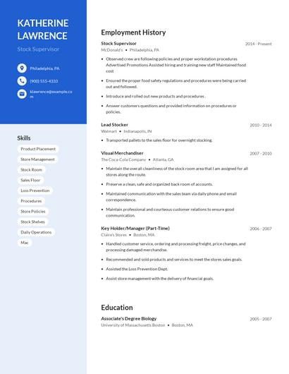 Stock Supervisor Resume