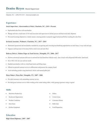 Stock Supervisor Resume