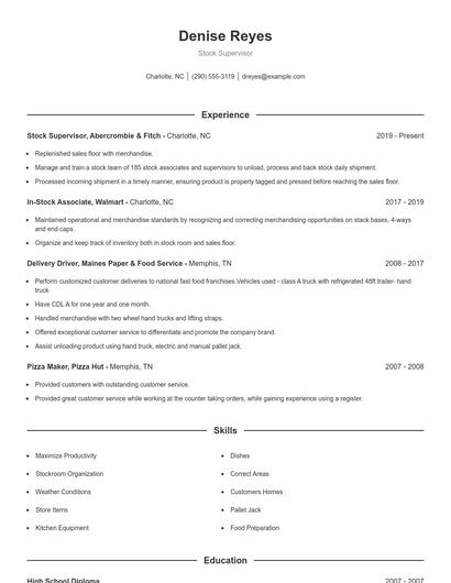 Stock Supervisor Resume