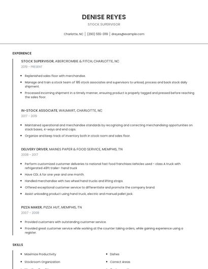 Stock Supervisor Resume