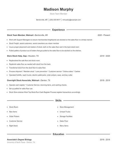 Stock Team Member Resume