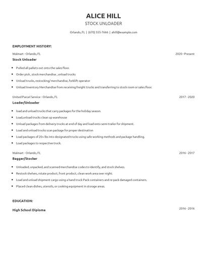 Stock Unloader Resume