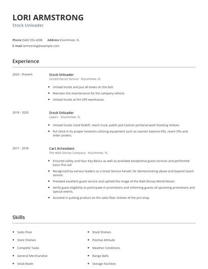 Stock Unloader Resume