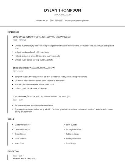 Stock Unloader Resume