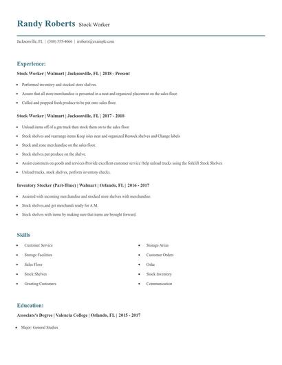 Stock Worker Resume