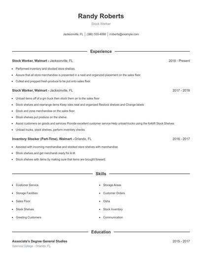 Stock Worker Resume