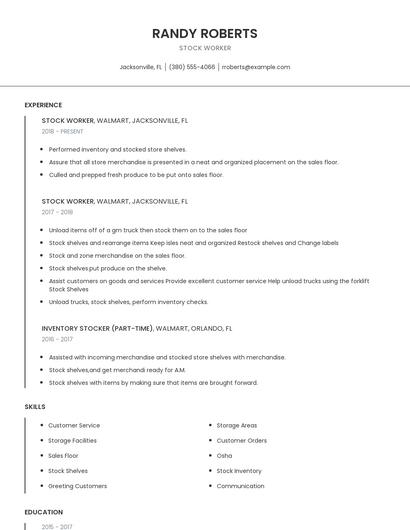 Stock Worker Resume