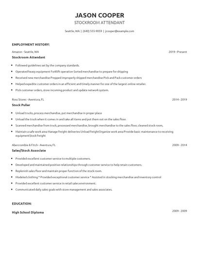 Stockroom Attendant Resume