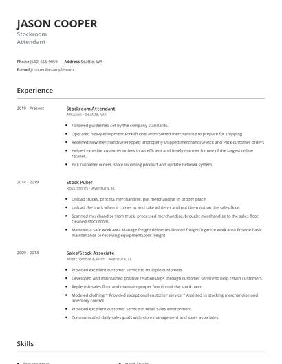 Stockroom Attendant Resume