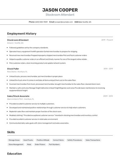 Stockroom Attendant Resume