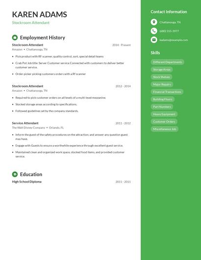Stockroom Attendant Resume