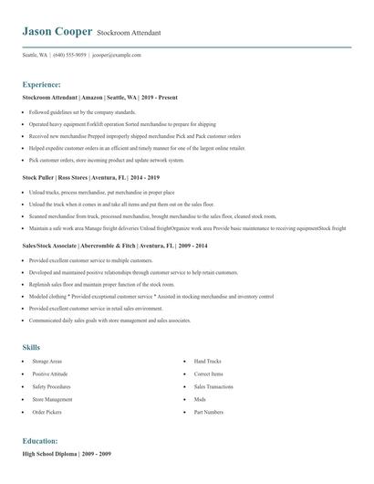 Stockroom Attendant Resume