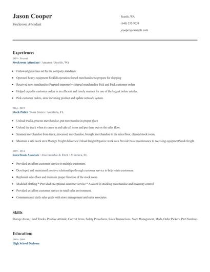 Stockroom Attendant Resume