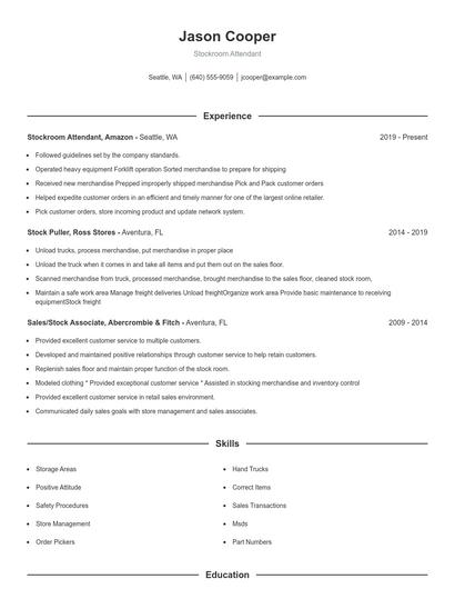 Stockroom Attendant Resume