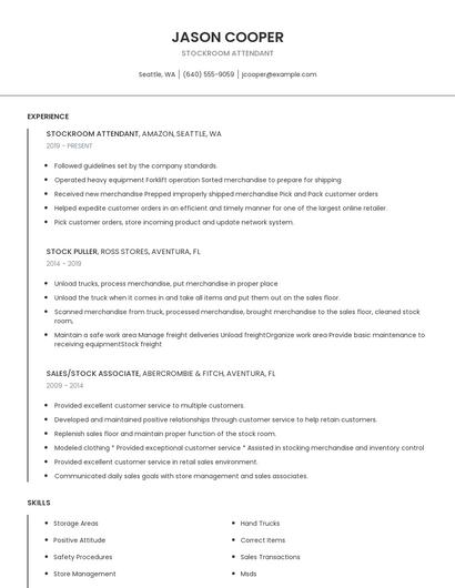 Stockroom Attendant Resume