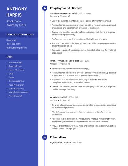 Stockroom Inventory Clerk Resume