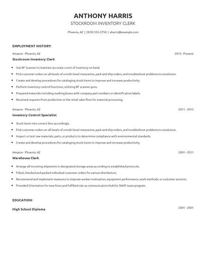 Stockroom Inventory Clerk Resume
