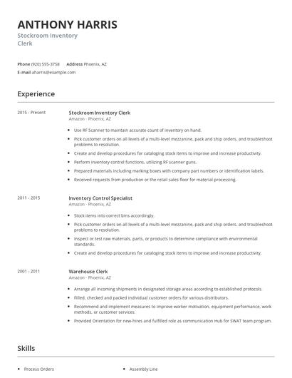 Stockroom Inventory Clerk Resume