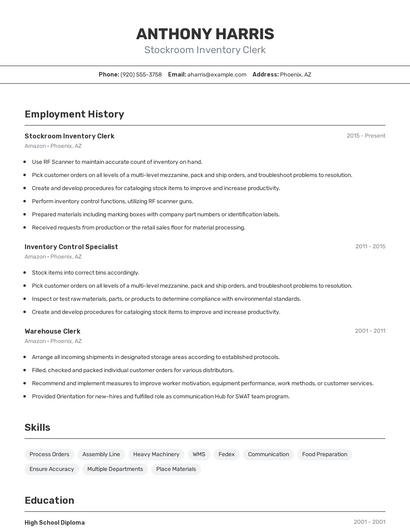 Stockroom Inventory Clerk Resume