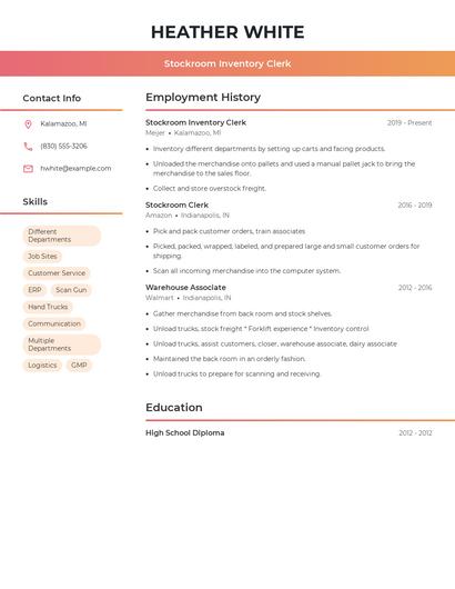 Stockroom Inventory Clerk Resume