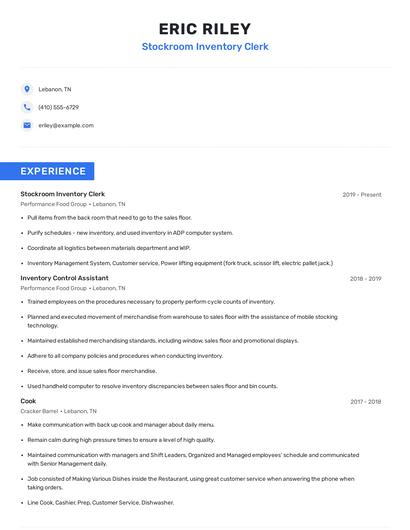 Stockroom Inventory Clerk Resume
