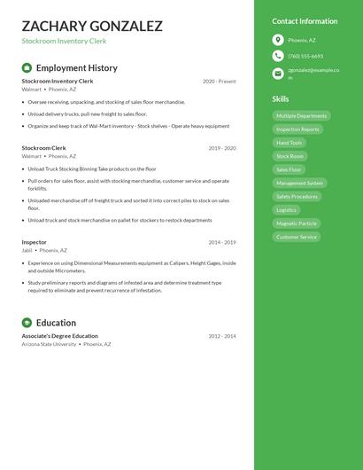 Stockroom Inventory Clerk Resume