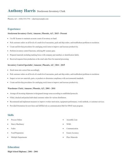 Stockroom Inventory Clerk Resume