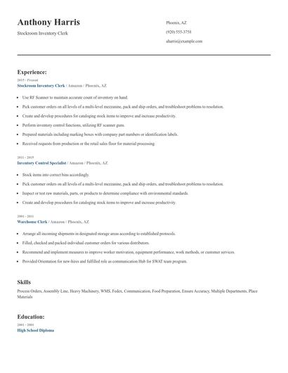 Stockroom Inventory Clerk Resume