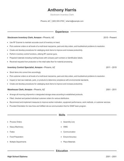 Stockroom Inventory Clerk Resume