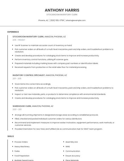 Stockroom Inventory Clerk Resume