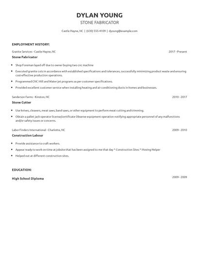 Stone Fabricator Resume