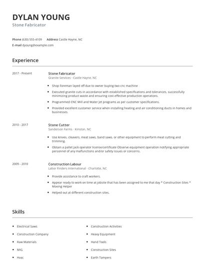 Stone Fabricator Resume