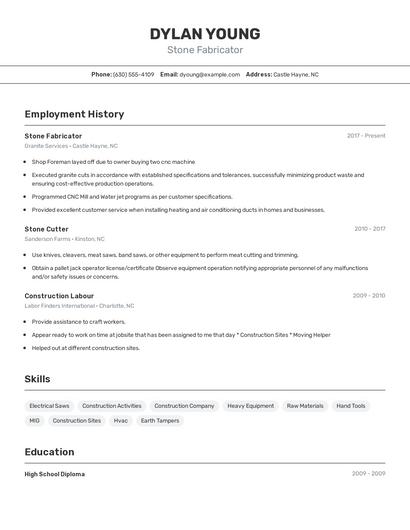 Stone Fabricator Resume