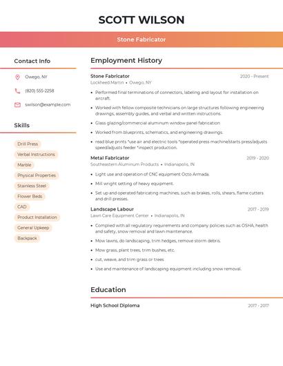 Stone Fabricator Resume