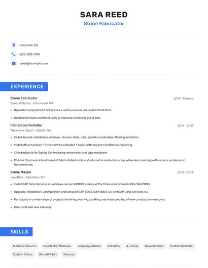 Stone Fabricator Resume