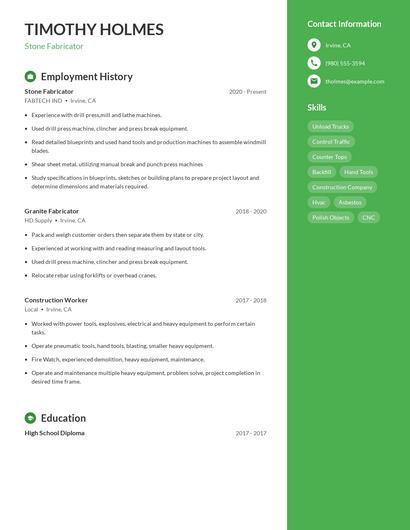 Stone Fabricator Resume