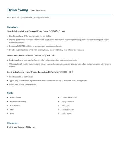 Stone Fabricator Resume