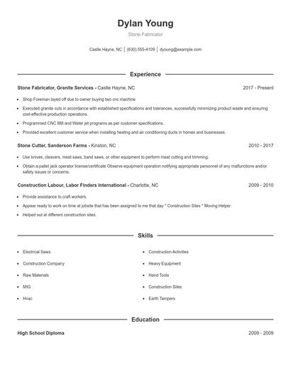 Stone Fabricator Resume