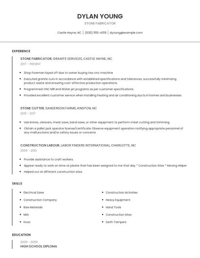 Stone Fabricator Resume