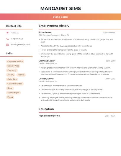 Stone Setter Resume