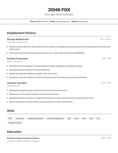 Storage Administrator Resume