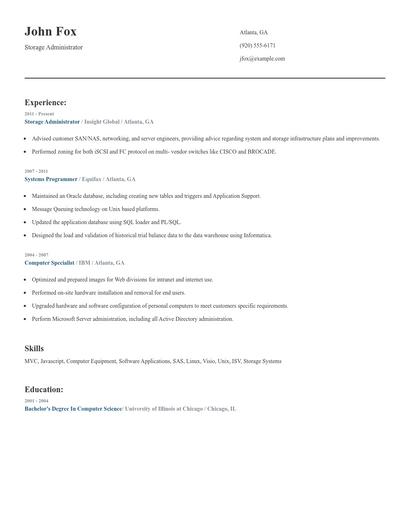 Storage Administrator Resume