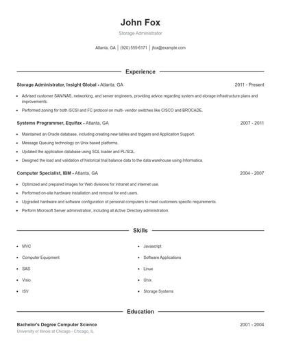 Storage Administrator Resume