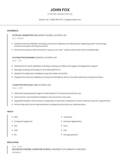 Storage Administrator Resume